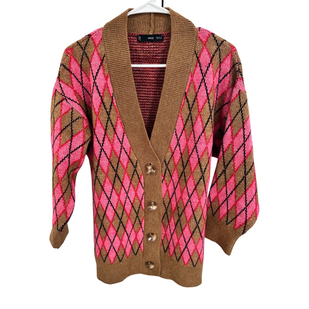 MNG Argyle Cardigan Sweater Brown Pink Black Button Front XS